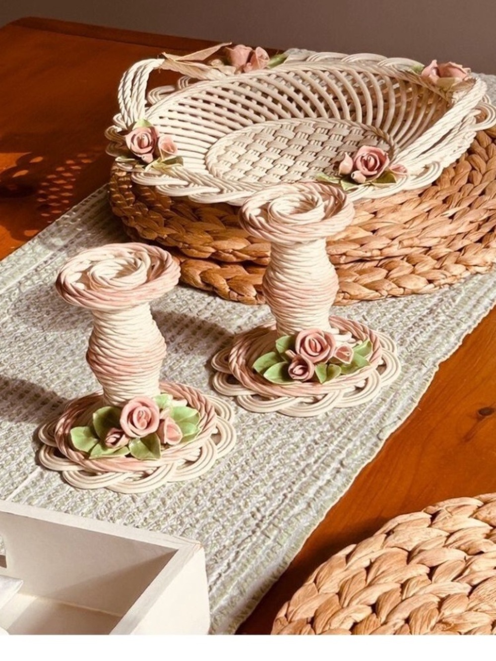 Whimsical Candlesticks Pair of 2 Rose Adorned Cream Pink 1991 Belleek Bev Sparks